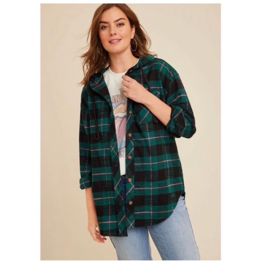 MAURICES Green Plaid Hooded Flannel Top - Picture 3 of 7